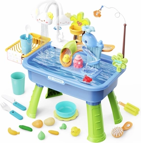 Water Table for Toddlers 1-3, Water Table for Kids Ages 4-8 with Pump, Play Sink with Running Water, Kitchen Sink for Toddlers, Fishing Game and Outside Sensory Toys, Blue