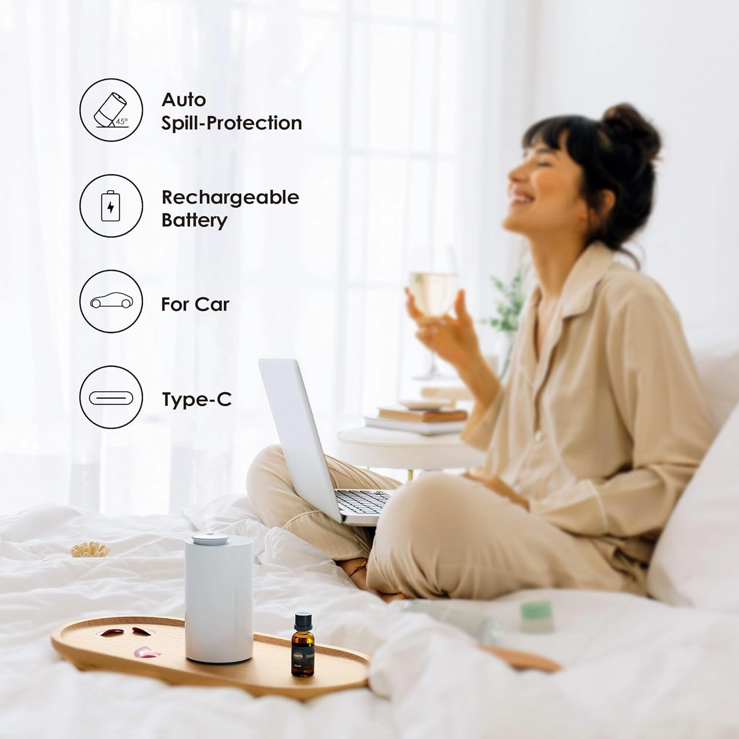 Waterless Diffuser for Essential Oil, Battery Operated Nebulizer, 0.7 Fl.Oz./ 20mL Capacity, Mini Scent Air Machine, 3 Countdown Timers & 3 Mist Levels for Home, Room, Car, Office - AN6 Black White