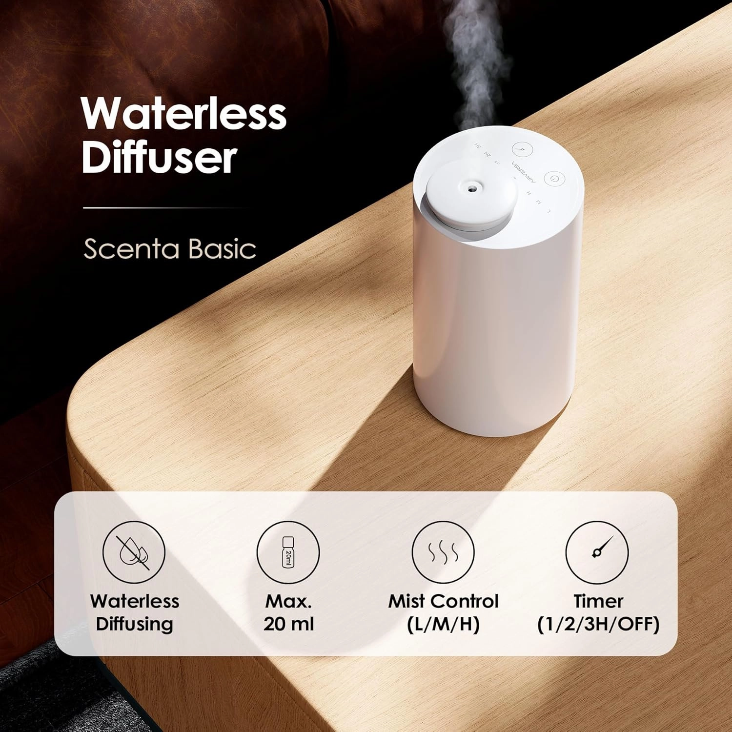 Waterless Diffuser for Essential Oil, Battery Operated Nebulizer, 0.7 Fl.Oz./ 20mL Capacity, Mini Scent Air Machine, 3 Countdown Timers & 3 Mist Levels for Home, Room, Car, Office - AN6 Black White