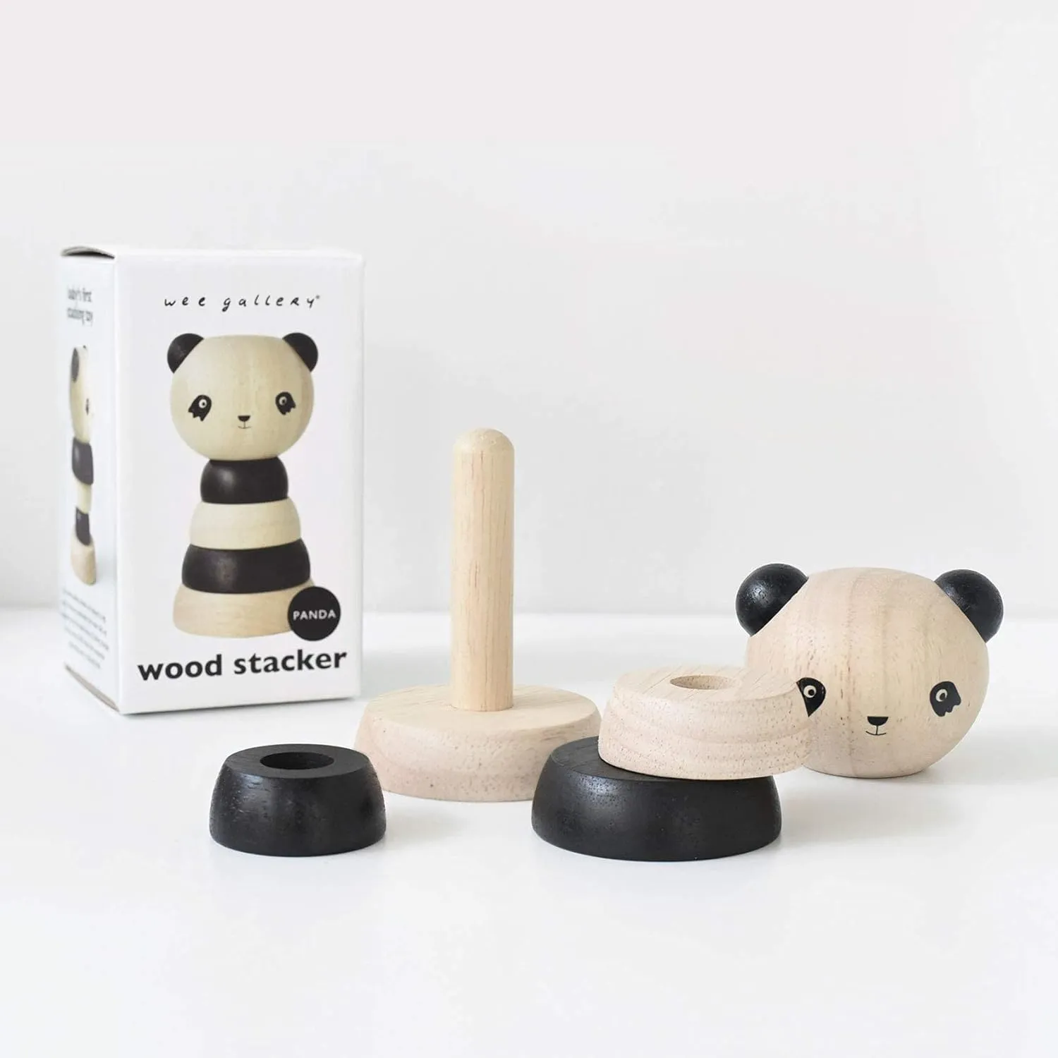 Wee Gallery Wood Stacker (Panda) Classic Learning Toy for Baby Development, Motor Skills, Problem Solving Activity, Child Safe Natural Materials, for Ages 18 Months and Up