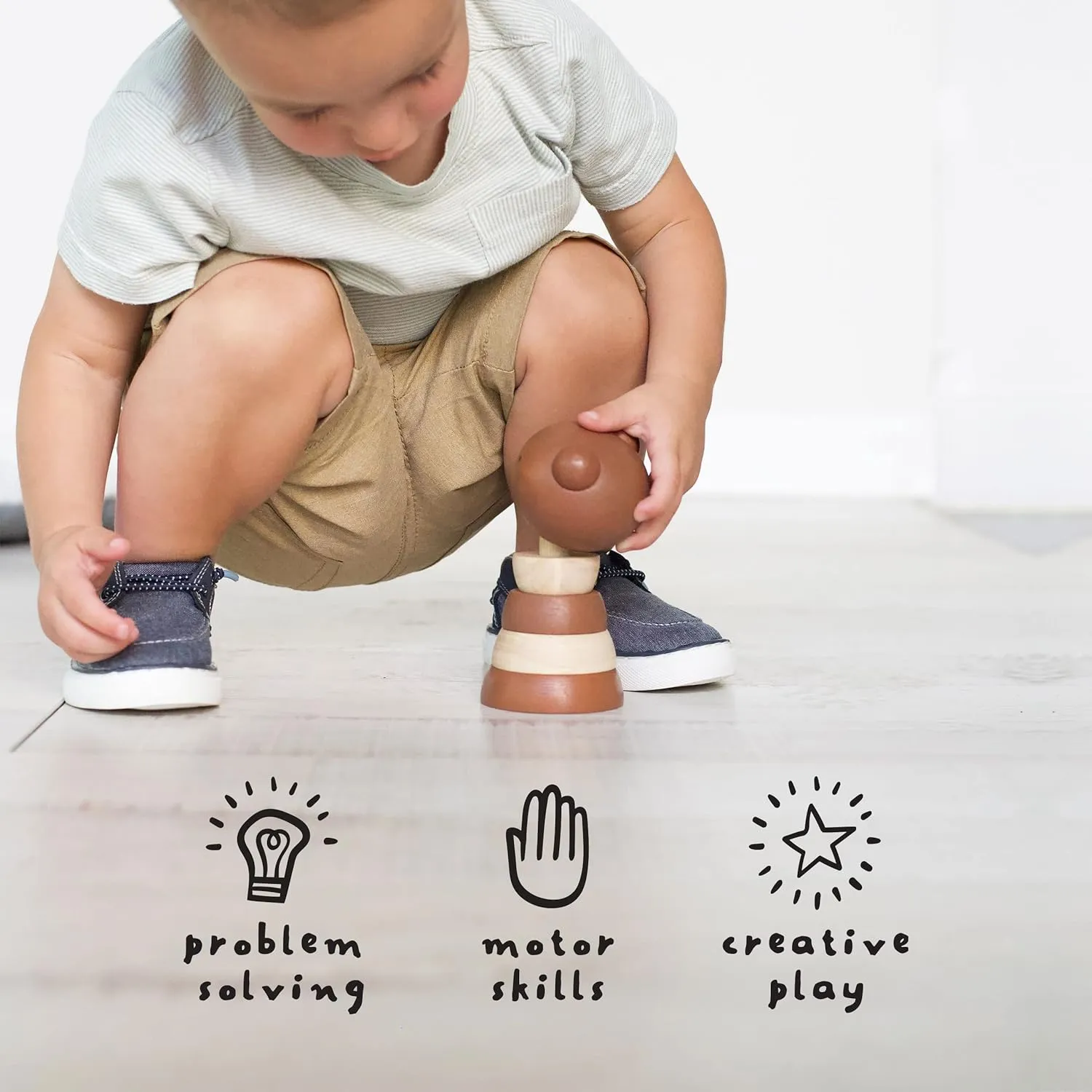 Wee Gallery Wood Stacker (Panda) Classic Learning Toy for Baby Development, Motor Skills, Problem Solving Activity, Child Safe Natural Materials, for Ages 18 Months and Up
