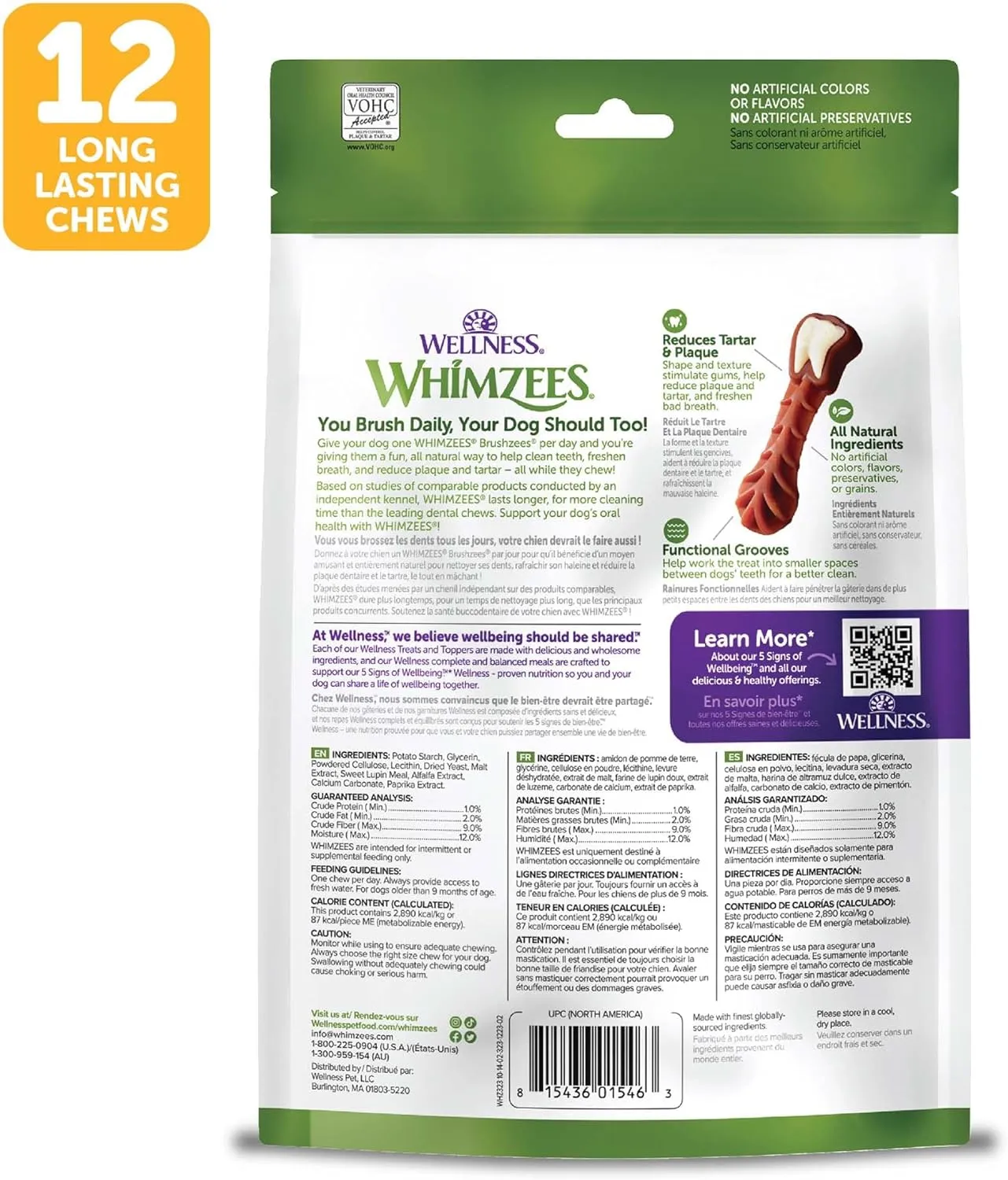 Wellness WHIMZEES Brushzees Dog Dental Treats, Natural Chews, Medium Size Stick, (12 Count)