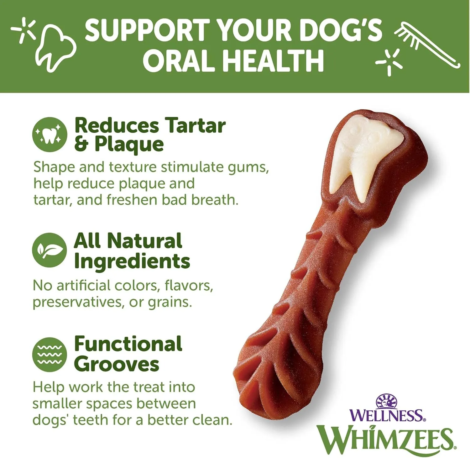 Wellness WHIMZEES Brushzees Dog Dental Treats, Natural Chews, Medium Size Stick, (12 Count)