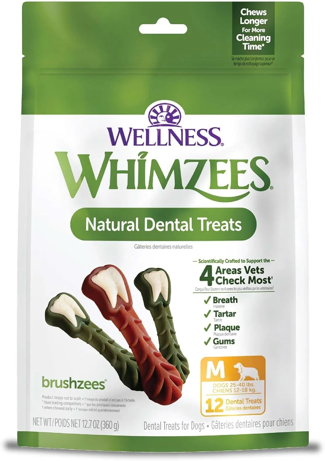 Wellness WHIMZEES Brushzees Dog Dental Treats, Natural Chews, Medium Size Stick, (12 Count)
