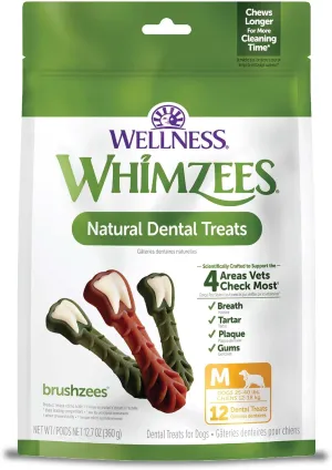 Wellness WHIMZEES Brushzees Dog Dental Treats, Natural Chews, Medium Size Stick, (12 Count)