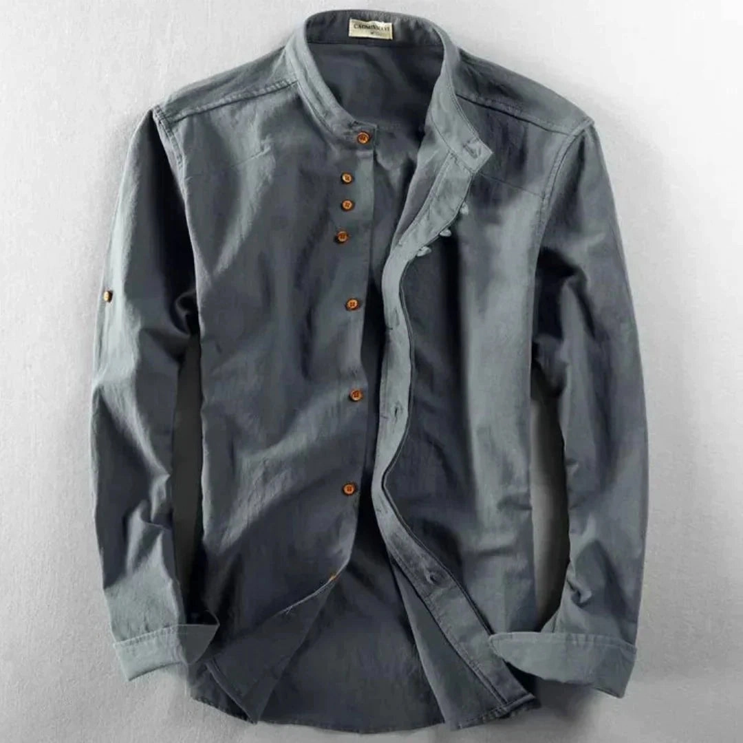 White Cotton Crew Neck Shirt - Lightweight, Breathable, Wooden Button