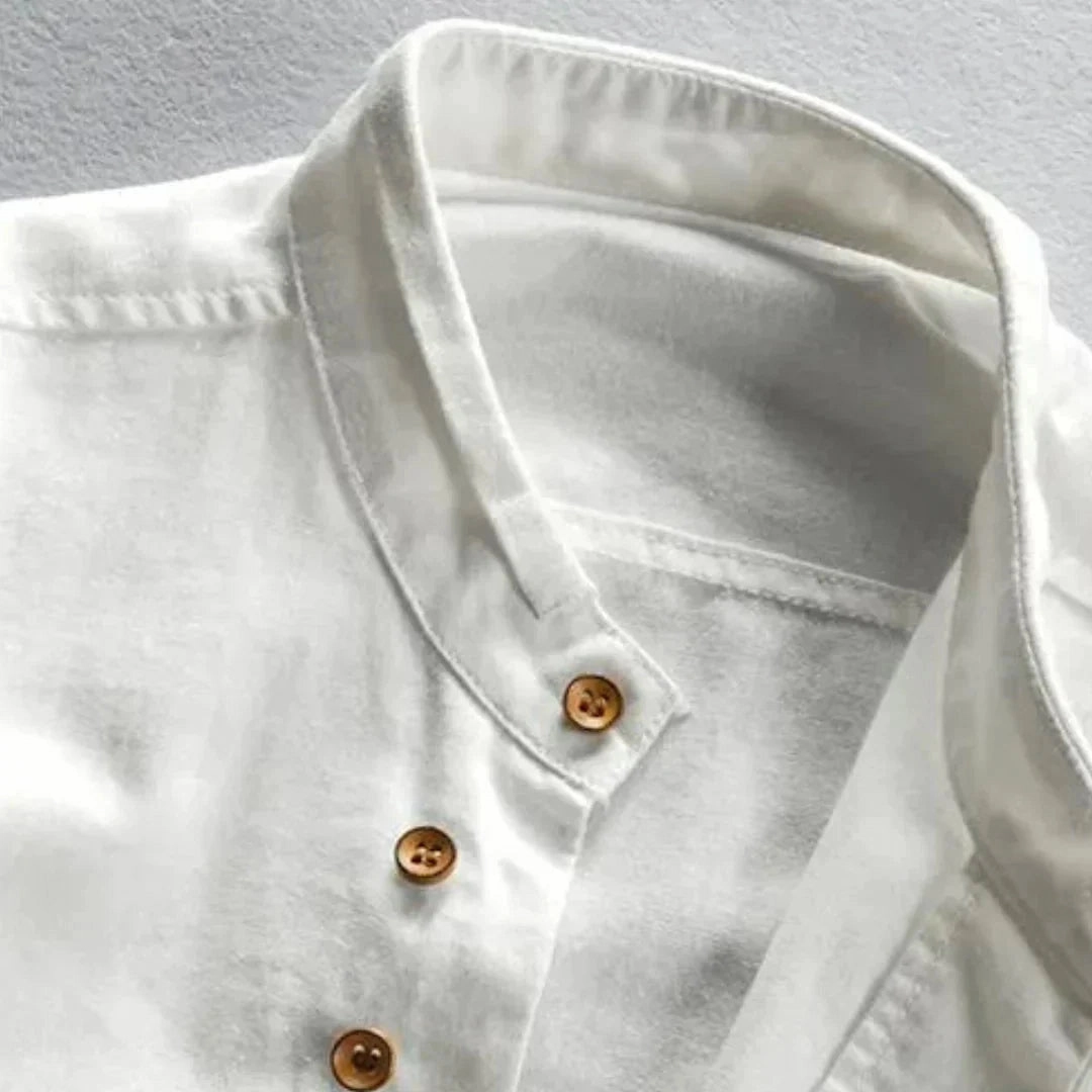 White Cotton Crew Neck Shirt - Lightweight, Breathable, Wooden Button