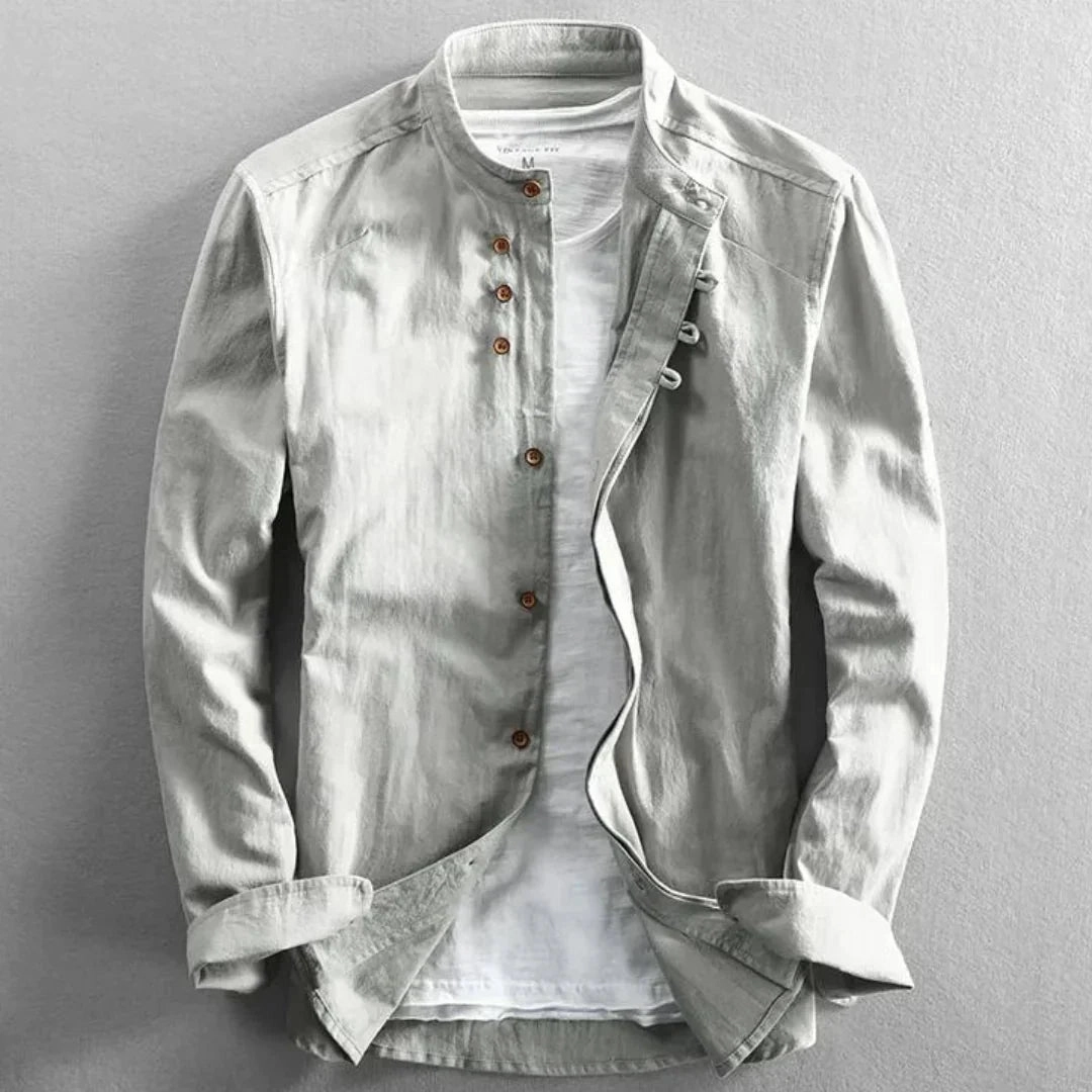 White Cotton Crew Neck Shirt - Lightweight, Breathable, Wooden Button