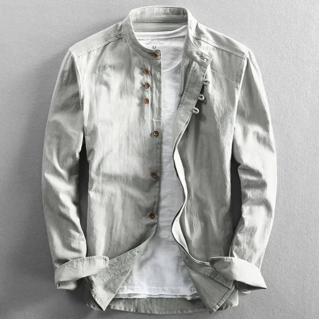 White Cotton Crew Neck Shirt - Lightweight, Breathable, Wooden Button
