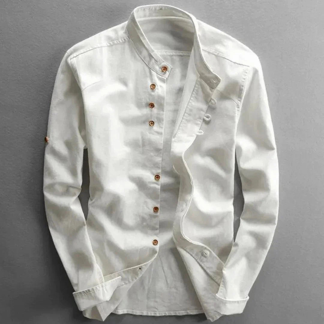 White Cotton Crew Neck Shirt - Lightweight, Breathable, Wooden Button