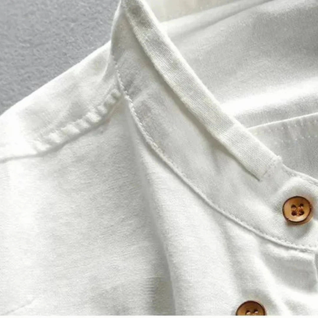 White Cotton Crew Neck Shirt - Lightweight, Breathable, Wooden Button