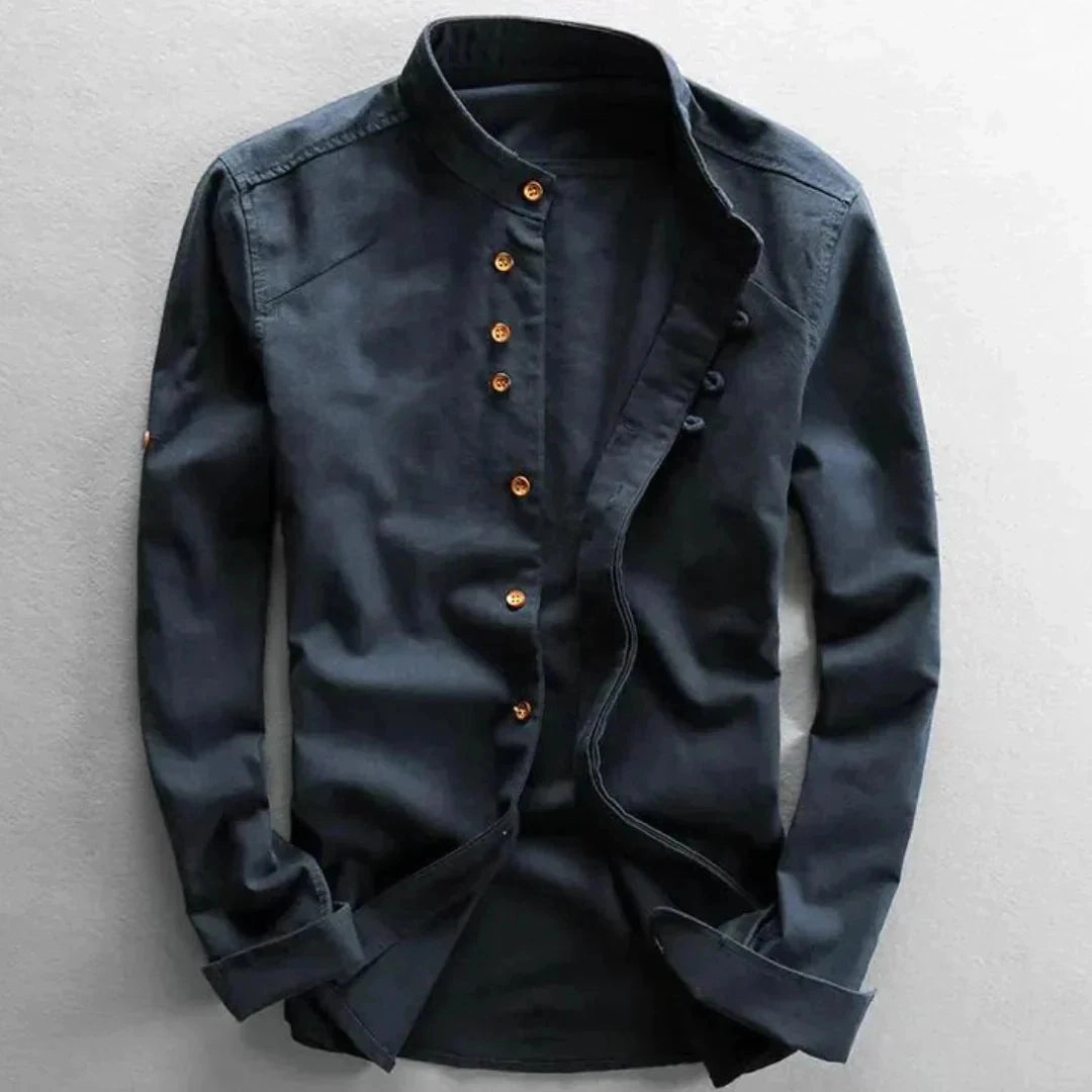 White Cotton Crew Neck Shirt - Lightweight, Breathable, Wooden Button