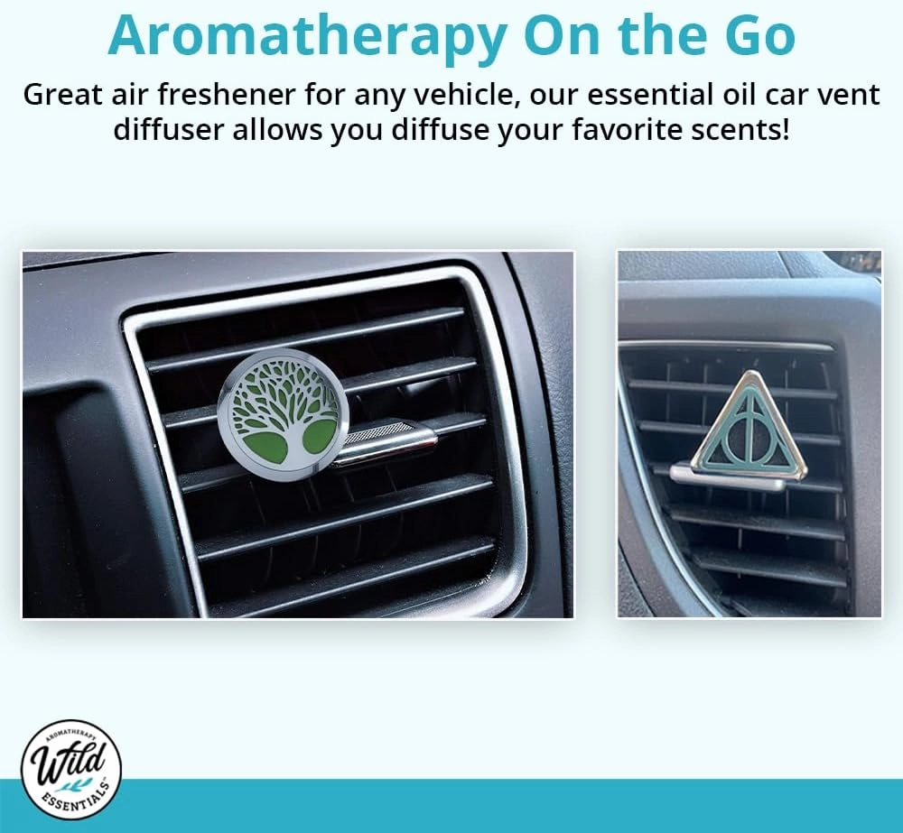 Wild Essentials Potter Hallows Essential Oil Car Vent Diffuser Kit with Lavender, Lemongrass, Peppermint, Orange Oils, Stainless Steel Locket Pendant, 8 Refill Pads, Color Changing Air Freshener