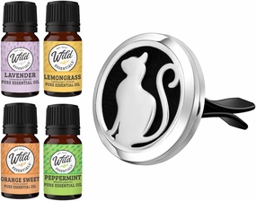 Wild Essentials Pretty Kitty Cat Essential Oil Car Vent Diffuser Kit With Lavender, Lemongrass,Peppermint, Orange Oils, Stainless Steel Locket, 8 Refill Pads, Customizable Color Changing Air Freshener