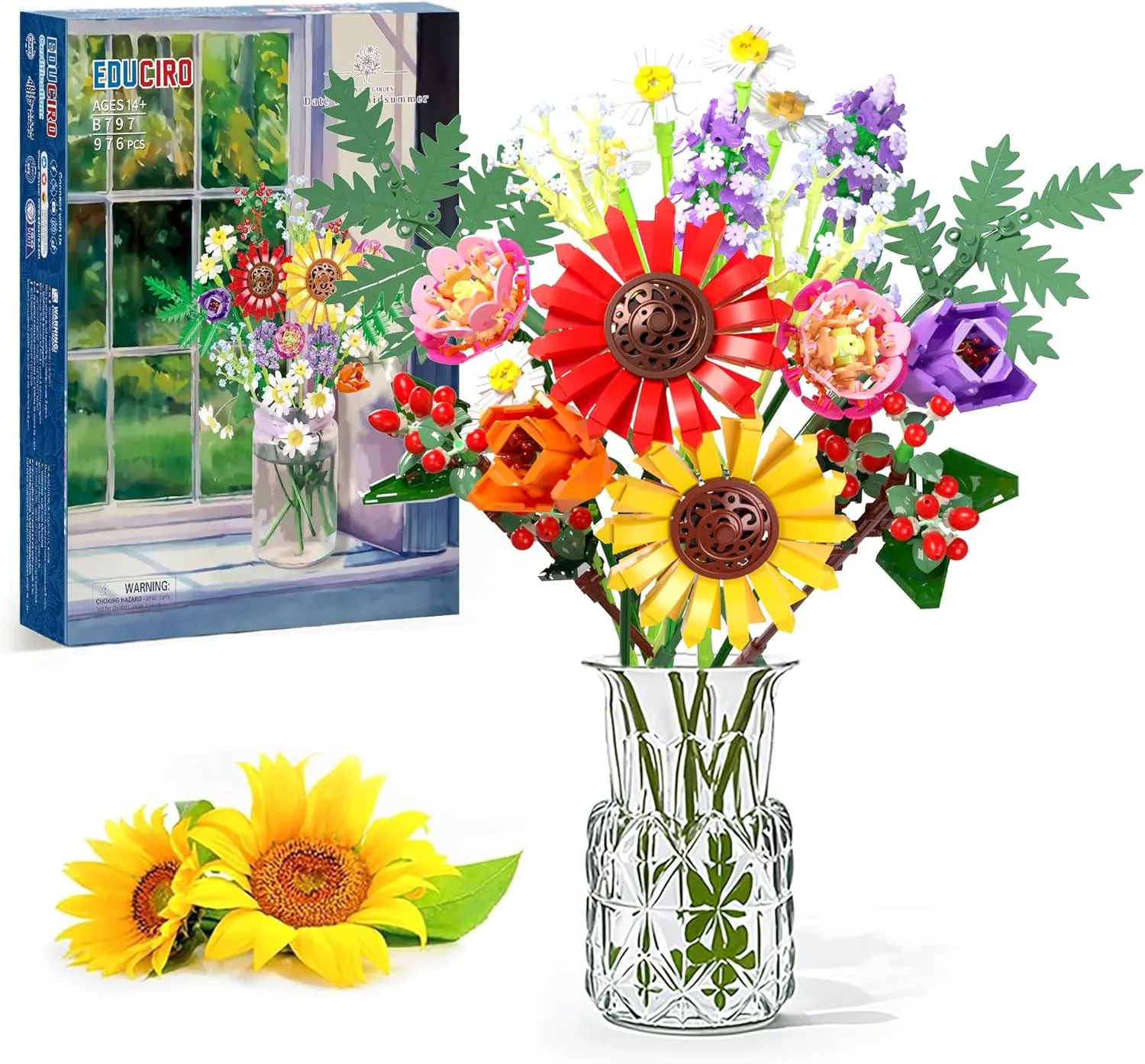 Wildflower Flowers Bouquet Building Set, Sunflower Flower Botanical Collection Building Toys for Adults And Kids, Home Decor Gift for Mother's Day, Valentine Day, Birthday, Christmas Day - 976 PCS