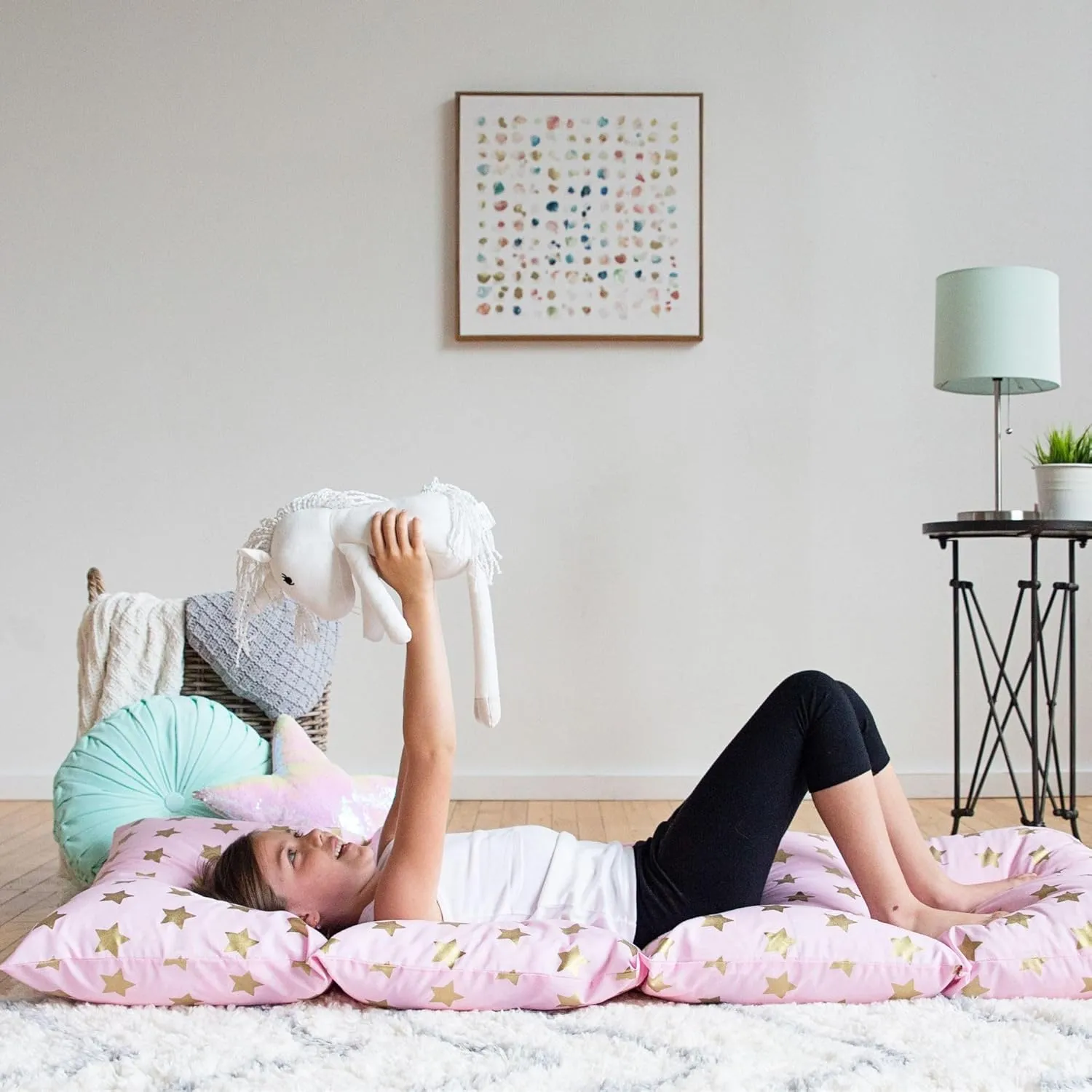 Wildkin Kids Floor Lounger – Pillow Lounger, Travel-Friendly, Ideal for Sleepovers, Fits Standard Pillows - Pink and Gold Stars