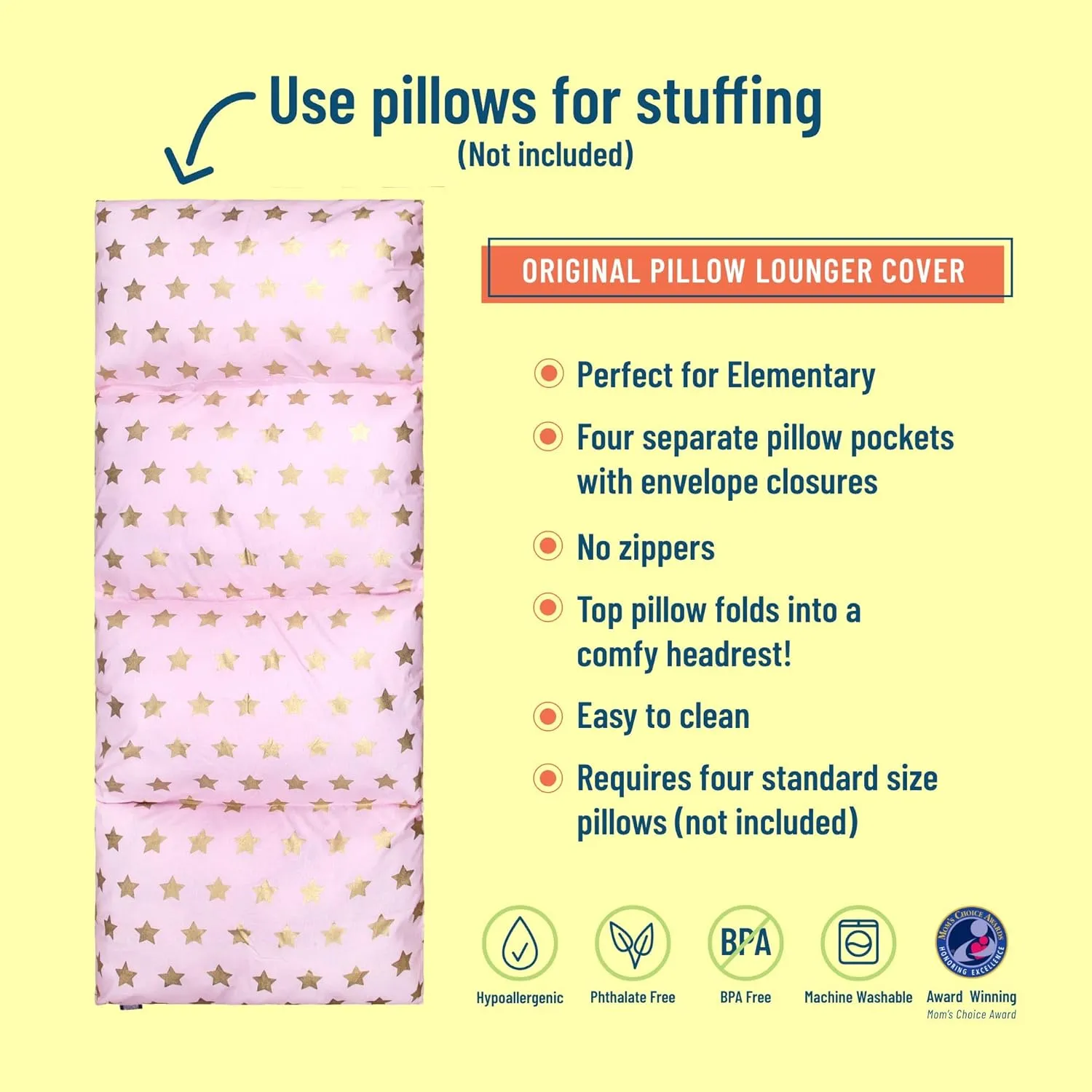 Wildkin Kids Floor Lounger – Pillow Lounger, Travel-Friendly, Ideal for Sleepovers, Fits Standard Pillows - Pink and Gold Stars