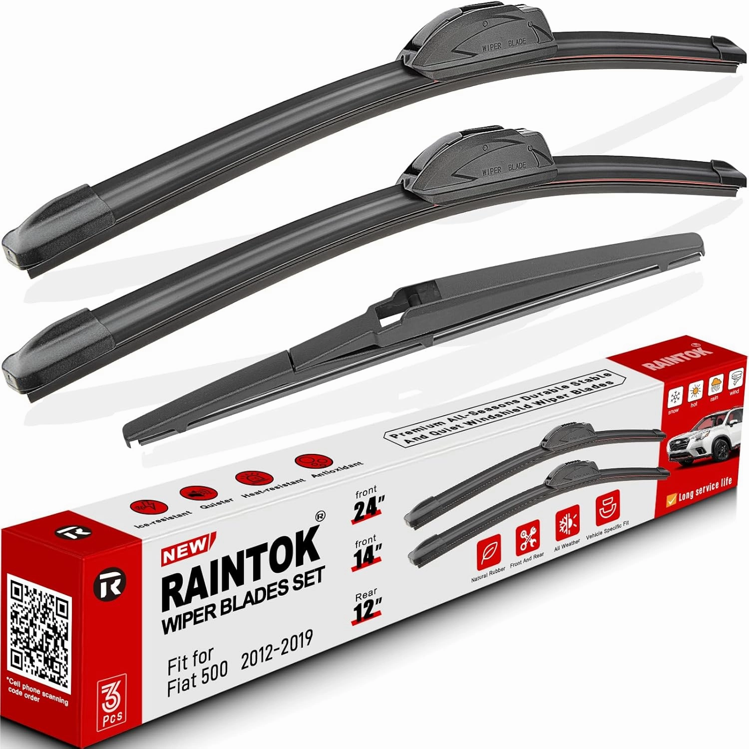 Windshield Wiper Blades Replacement for 2012-2019 Fiat 500 Original Factory Quality Front Rear Wipers Blade Set for My Car - 24" 14" 12" (Pack of 3)