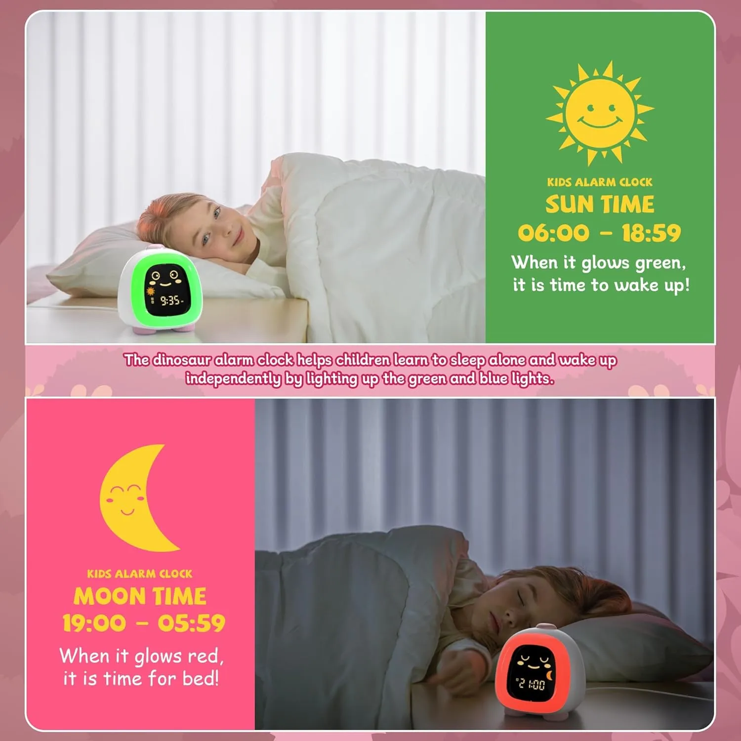 winshine Dinosaur Kids Alarm Clock, OK to Wake Clock with Night Light for Kids, Stay in Bed Clock Sleep Training, Nap Timer Cute Kids Room Decor (Pink)