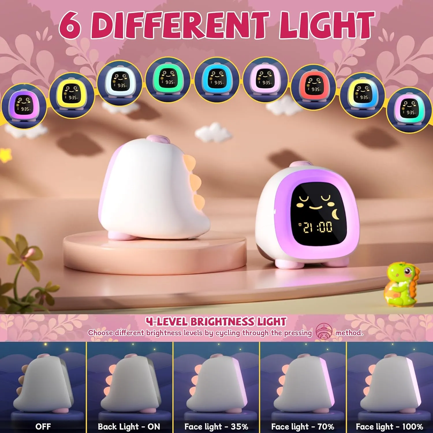winshine Dinosaur Kids Alarm Clock, OK to Wake Clock with Night Light for Kids, Stay in Bed Clock Sleep Training, Nap Timer Cute Kids Room Decor (Pink)