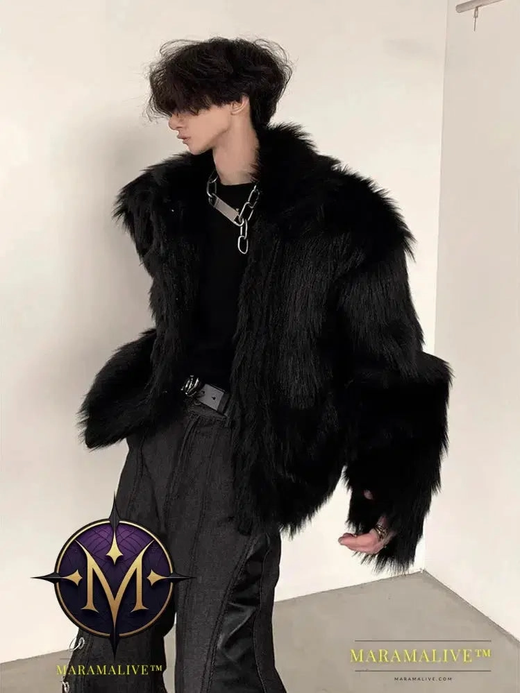 Winter Short Cool Thick Warm Soft Black Hairy Faux Fox Fur Coat Men Long Sleeve Luxury Designer Fluffy Jacket 2023
