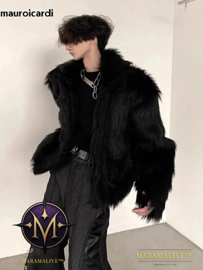 Winter Short Cool Thick Warm Soft Black Hairy Faux Fox Fur Coat Men Long Sleeve Luxury Designer Fluffy Jacket 2023