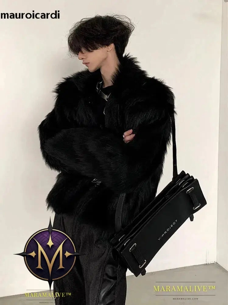 Winter Short Cool Thick Warm Soft Black Hairy Faux Fox Fur Coat Men Long Sleeve Luxury Designer Fluffy Jacket 2023