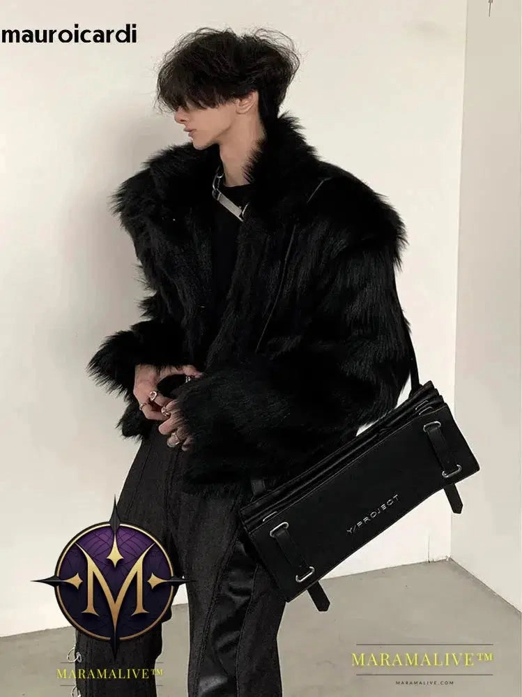 Winter Short Cool Thick Warm Soft Black Hairy Faux Fox Fur Coat Men Long Sleeve Luxury Designer Fluffy Jacket 2023