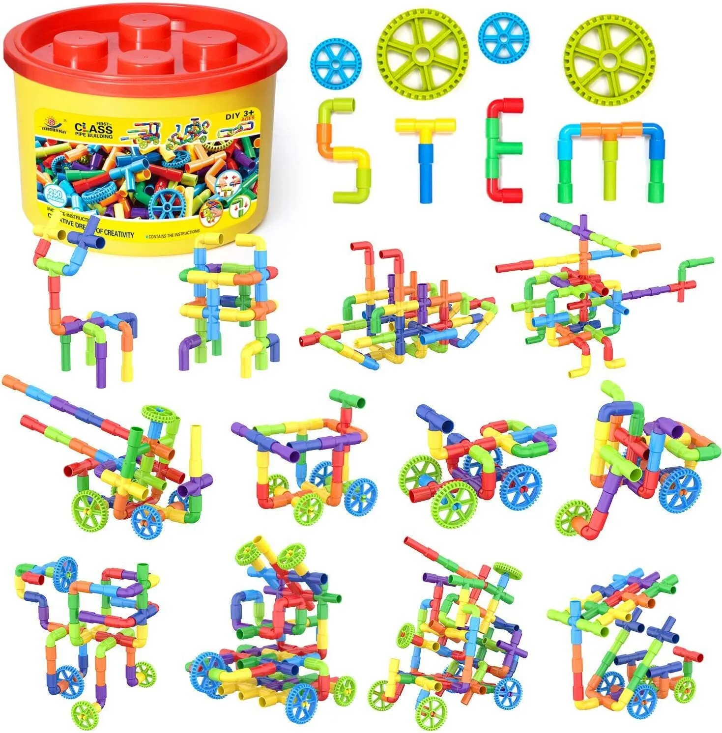 WishaLife 250 Pieces STEM Building Blocks Set, Kids Tube Locks Construction Set with Storage Box, Preschool Educational Learning Pipe Toy Gift for Toddler Aged 3 