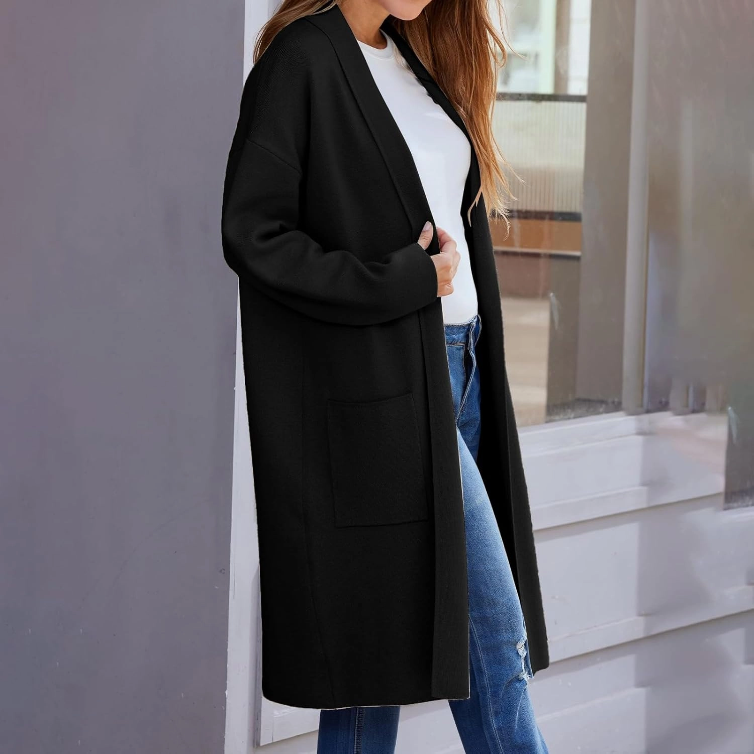 Women's Autumn and Winter Solid Color Fashionable Thin Lapel Long Woolen Coat Casual August Silk Women S Sweaters
