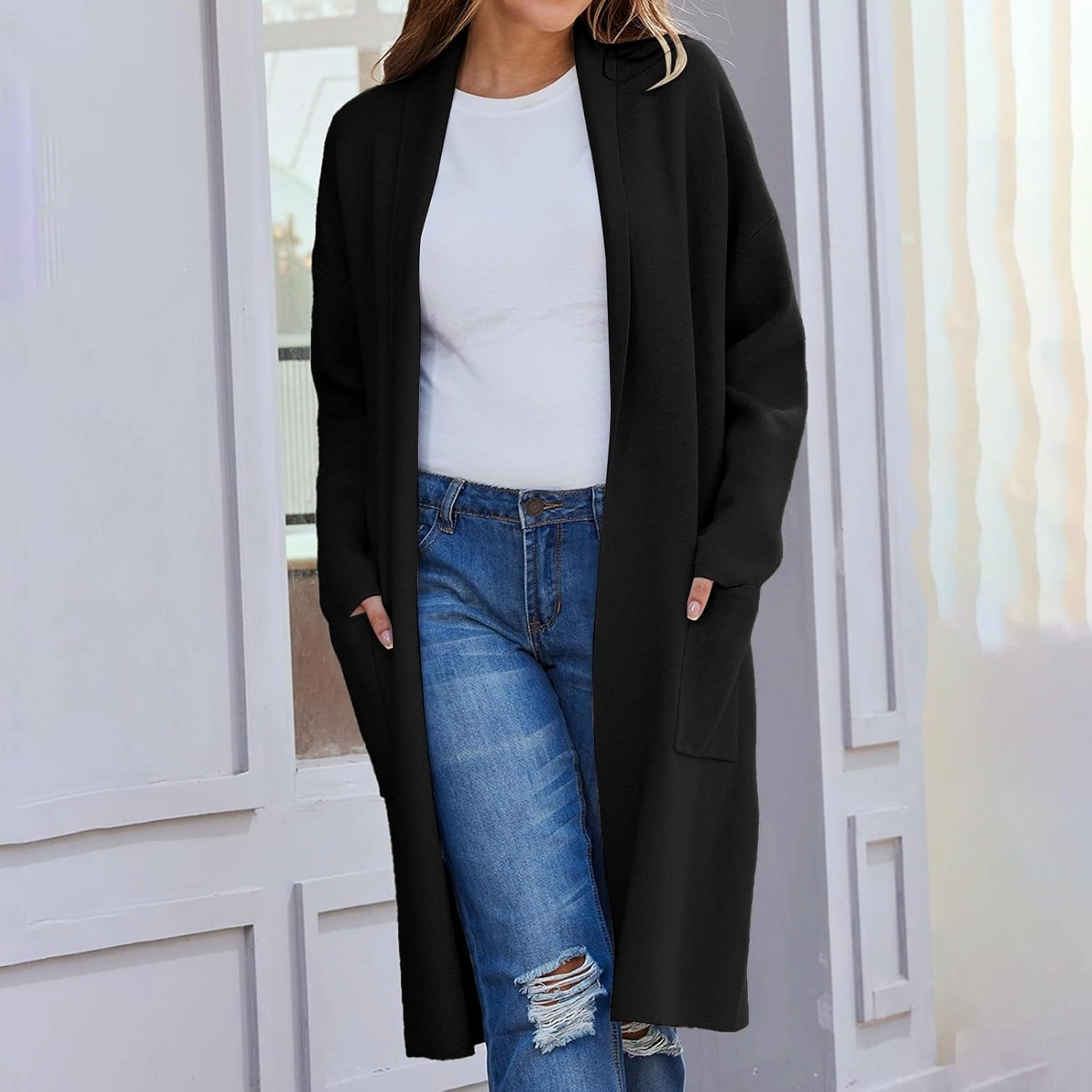 Women's Autumn and Winter Solid Color Fashionable Thin Lapel Long Woolen Coat Casual August Silk Women S Sweaters