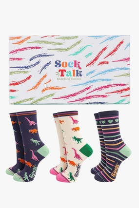 Women's Bamboo Socks Gift Box - Colourful Dinosaurs