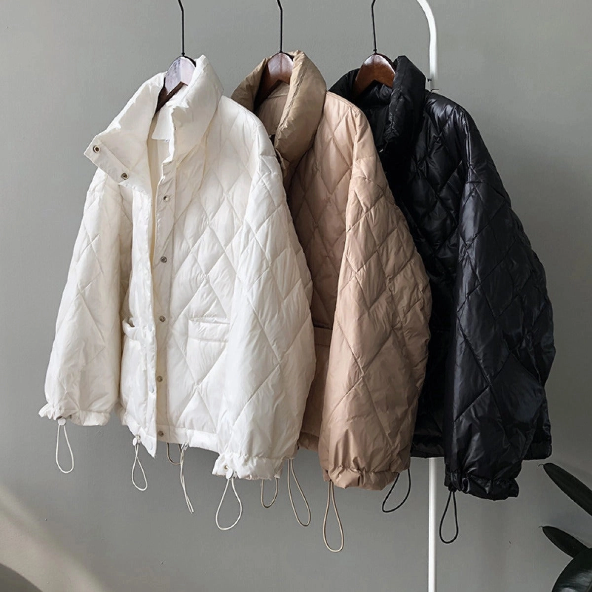 Women's Beige Lightweight Quilted Puffer Jacket with Drawstring