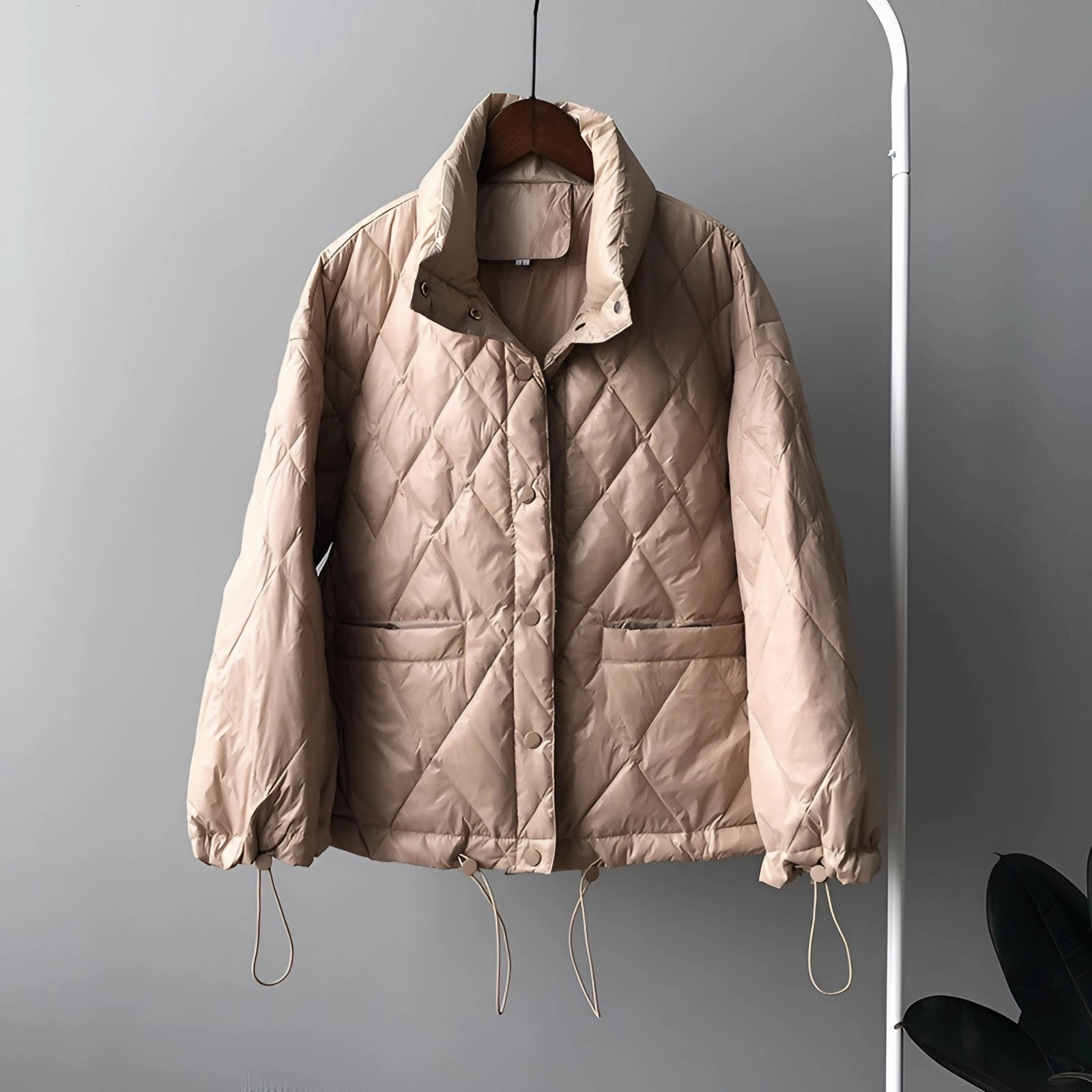 Women's Beige Lightweight Quilted Puffer Jacket with Drawstring