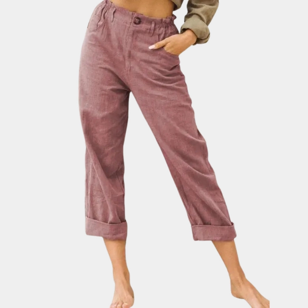Women's Beige Linen Cuffed Pants - Lightweight, Elastic Waist