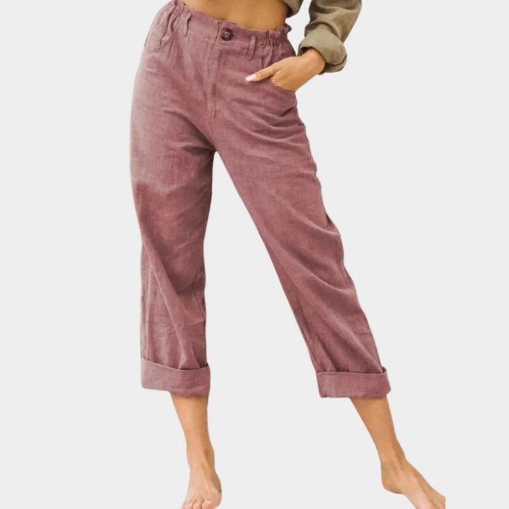 Women's Beige Linen Cuffed Pants - Lightweight, Elastic Waist