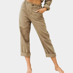 Women's Beige Linen Cuffed Pants - Lightweight, Elastic Waist