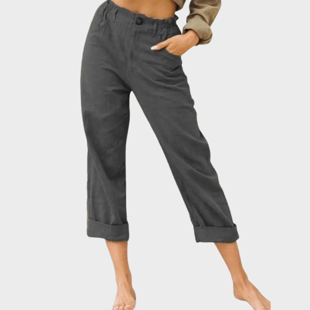 Women's Beige Linen Cuffed Pants - Lightweight, Elastic Waist