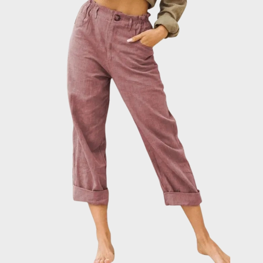 Women's Beige Linen Cuffed Pants - Lightweight, Elastic Waist