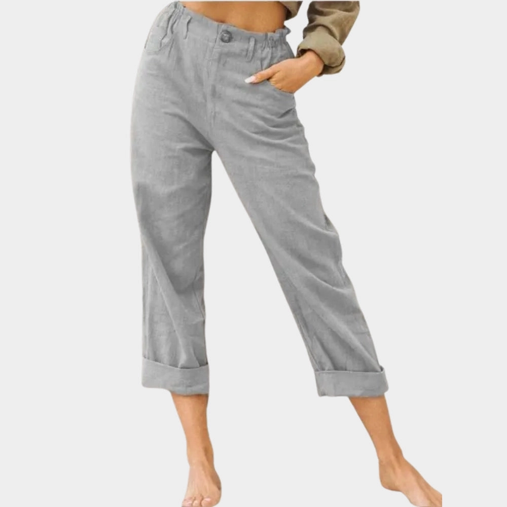 Women's Beige Linen Cuffed Pants - Lightweight, Elastic Waist