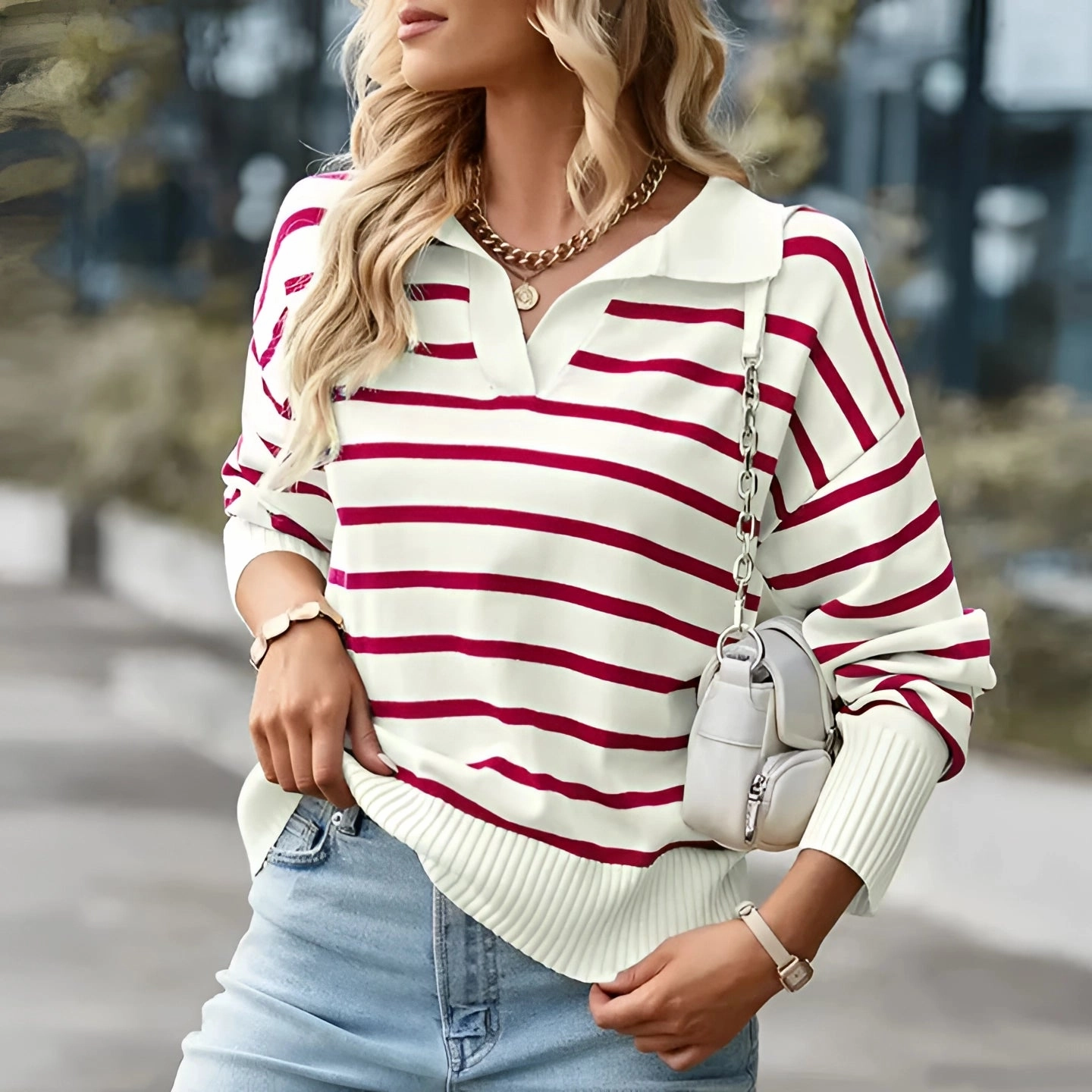 Women's Blue & White Striped Lightweight Pullover Sweater