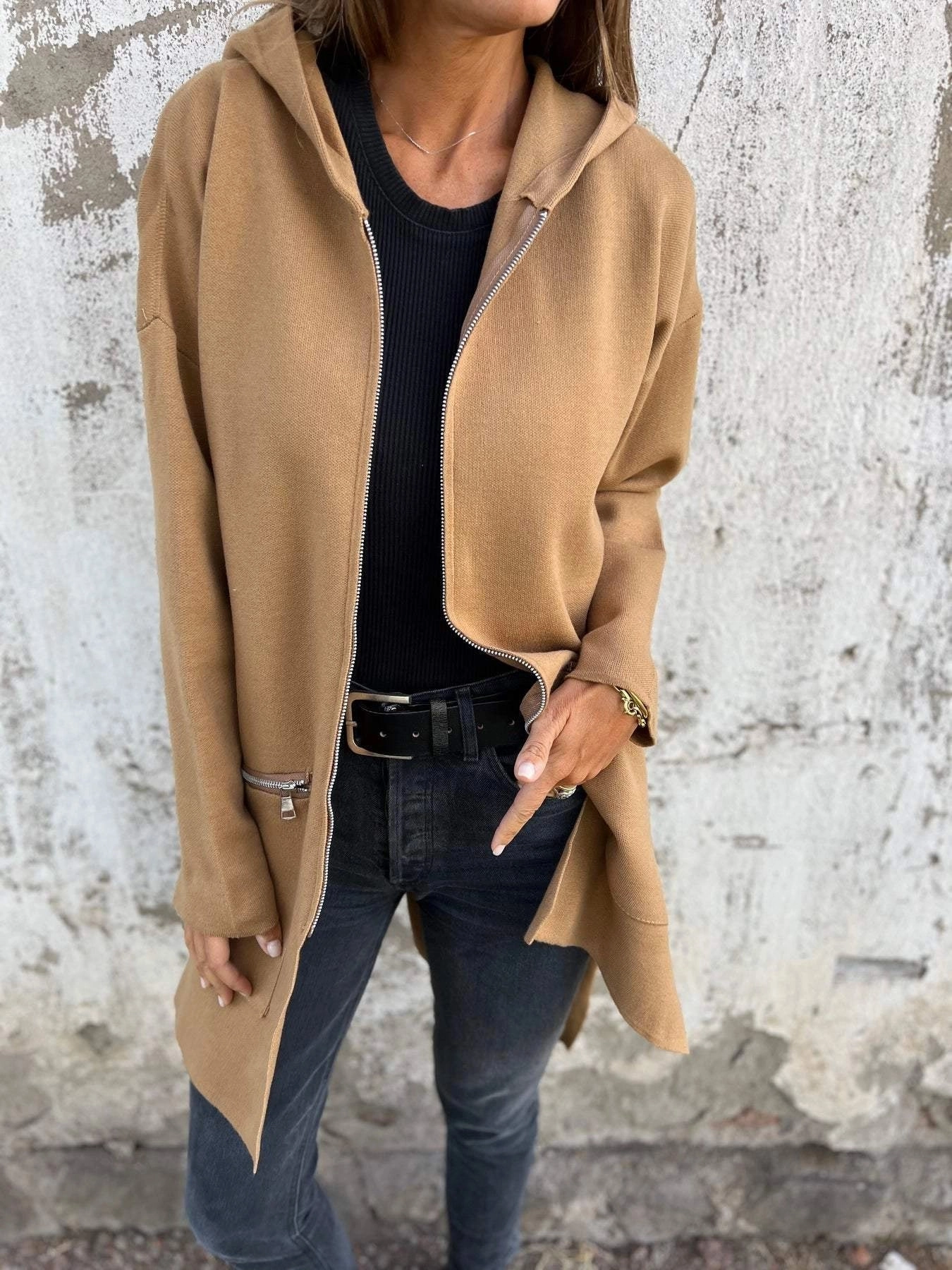 Women's Camel Coat - Lightweight Wool Fall Jacket, Casual Chic Outerwear