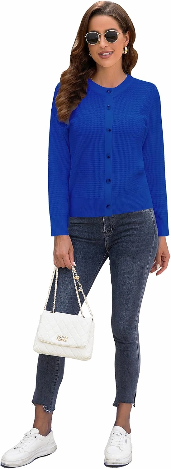 Women's Crew Neck Button Down Long Sleeve Solid Knit Classic Cardigan Sweater
