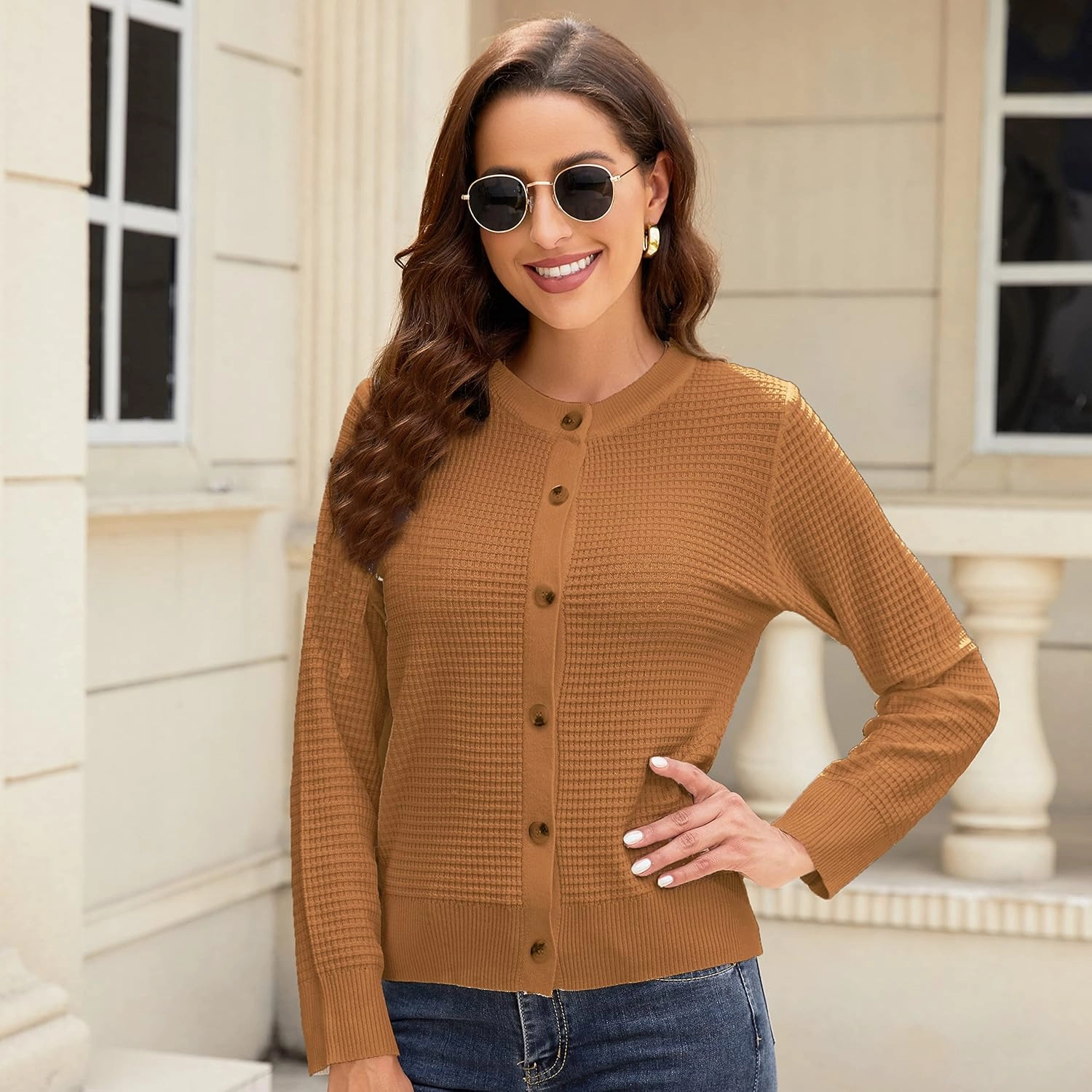 Women's Crew Neck Button Down Long Sleeve Solid Knit Classic Cardigan Sweater