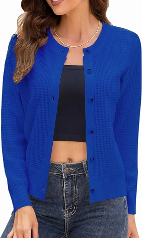 Women's Crew Neck Button Down Long Sleeve Solid Knit Classic Cardigan Sweater