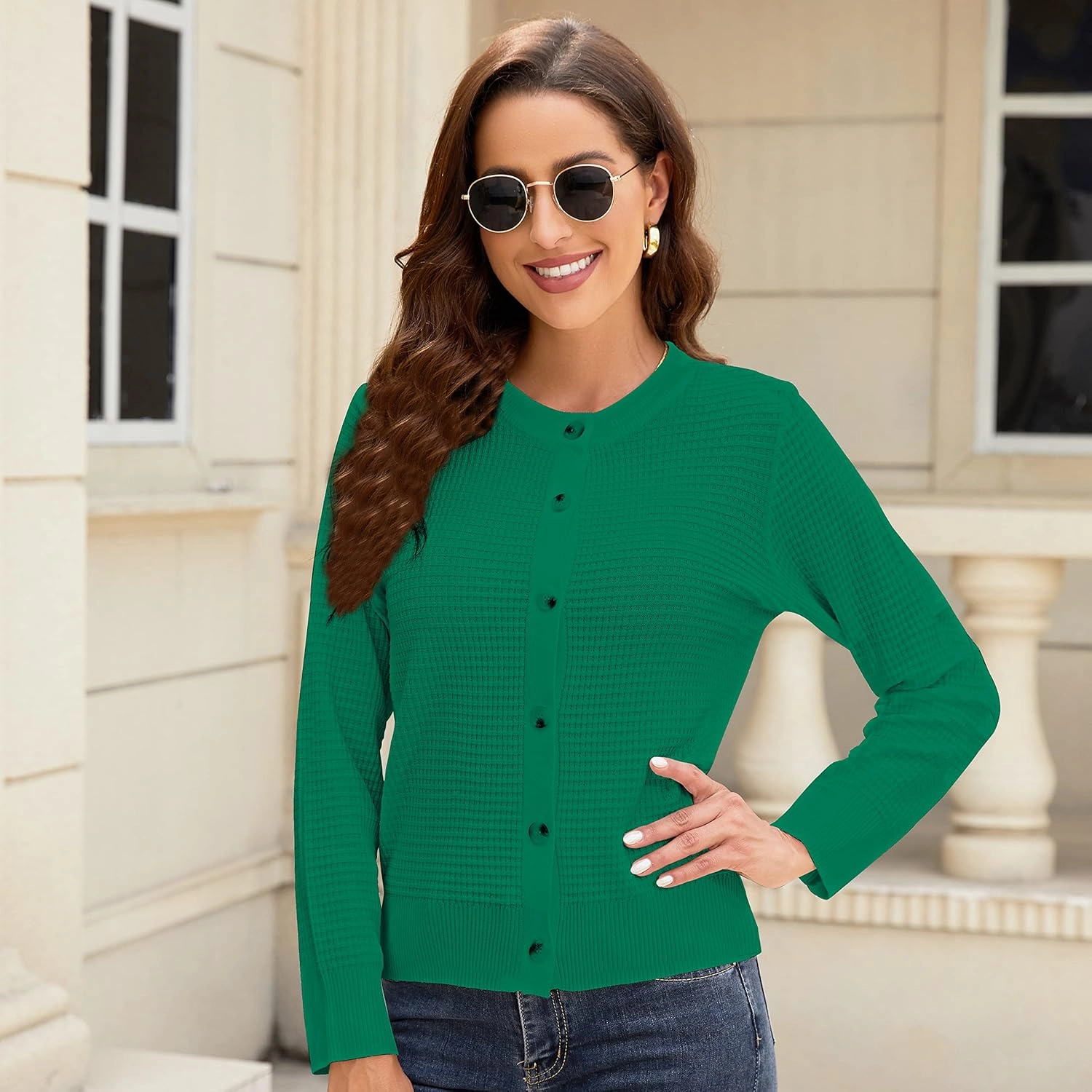Women's Crew Neck Button Down Long Sleeve Solid Knit Classic Cardigan Sweater