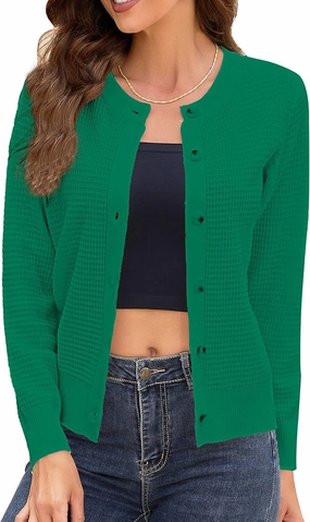 Women's Crew Neck Button Down Long Sleeve Solid Knit Classic Cardigan Sweater