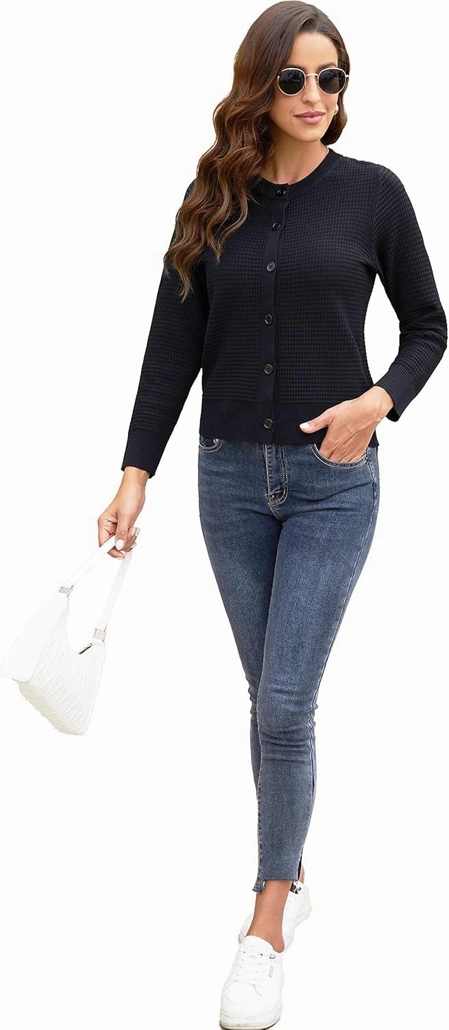 Women's Crew Neck Button Down Long Sleeve Solid Knit Classic Cardigan Sweater