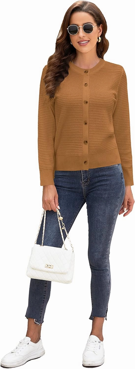 Women's Crew Neck Button Down Long Sleeve Solid Knit Classic Cardigan Sweater
