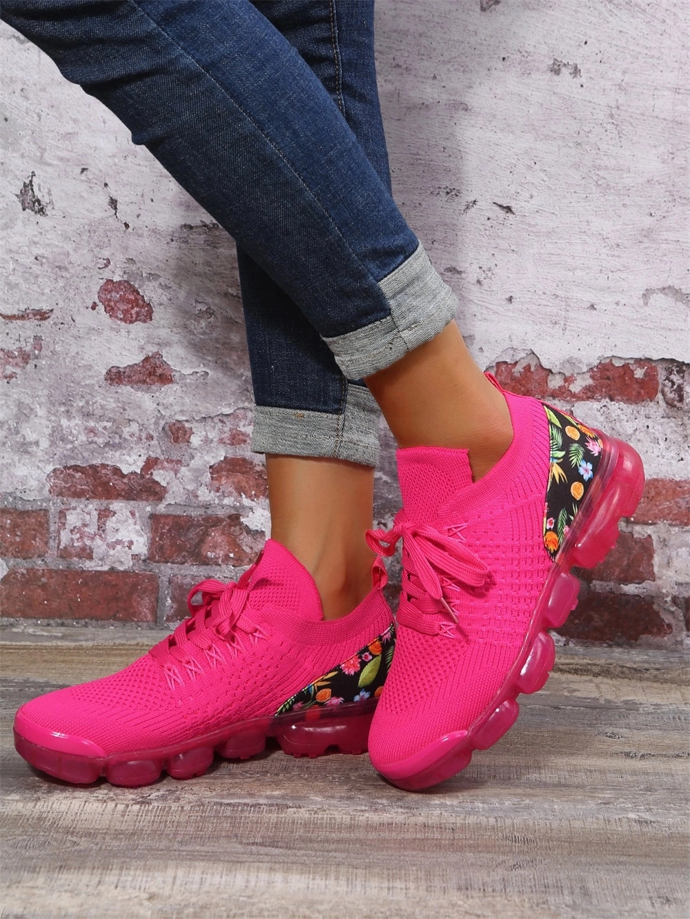 Women's Floral Mesh Sneakers - Pink Sole, Lightweight & Breathable